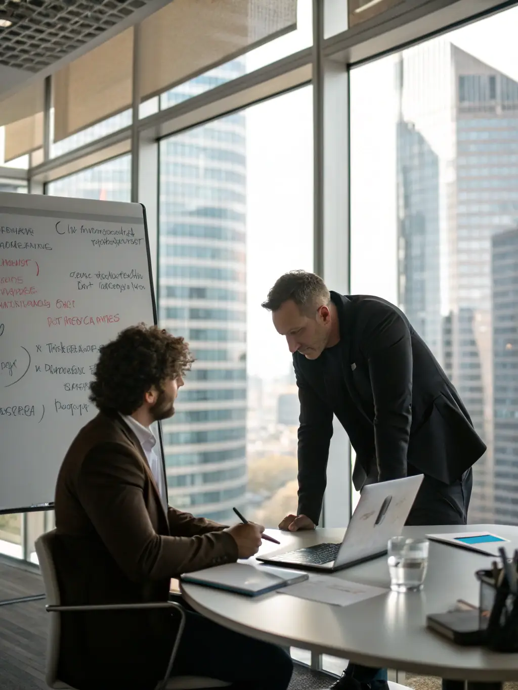 A professionally designed banner ad showcasing a business coach helping a client, with the VioForge logo subtly placed in the corner.