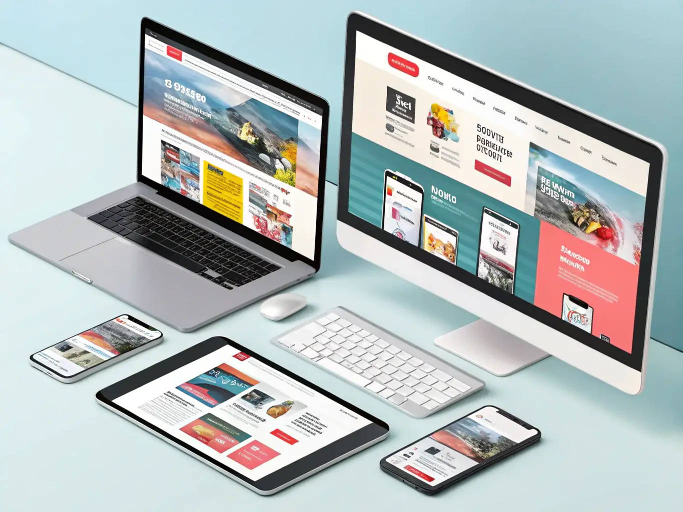 A graphic showcasing a variety of ad creatives on different devices, including banners and social media ads, representing VioForge's creative ad design services.